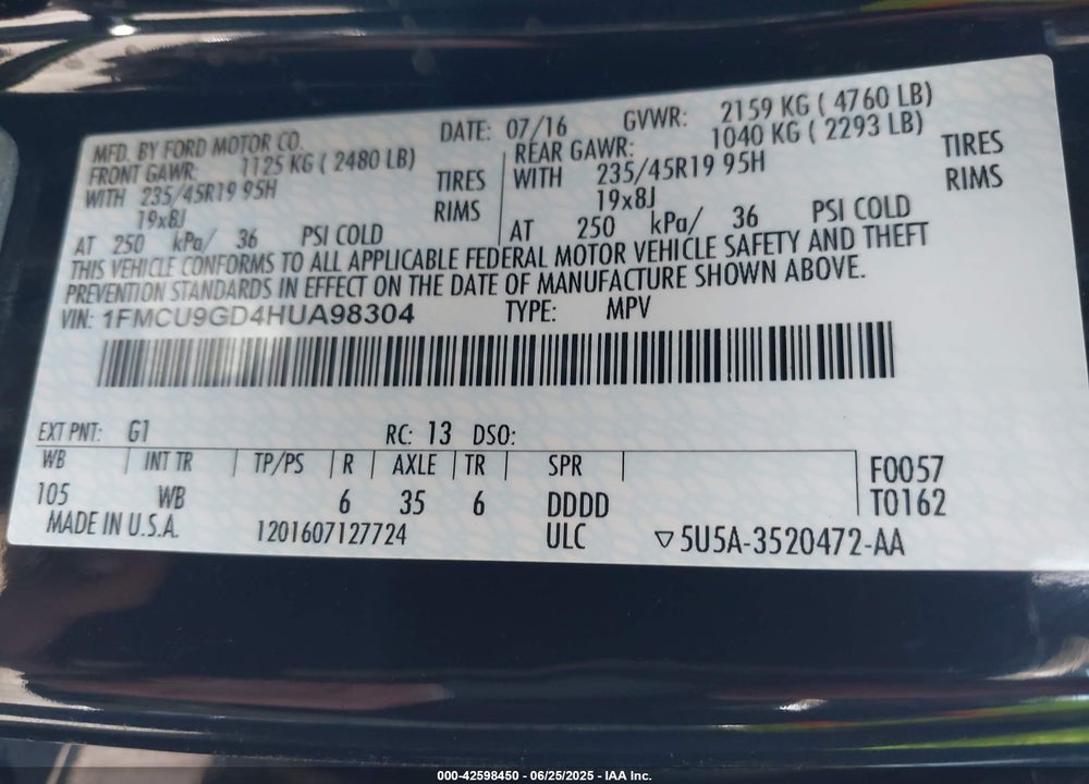 2017 FORD ESCAPE VIN: 1FMCU9GD4HUA98304