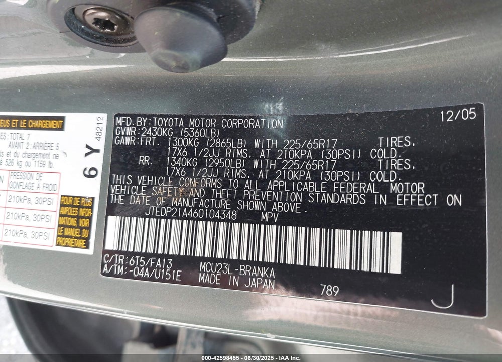 2006 TOYOTA HIGHLANDER VIN: JTEDP21A460104348
