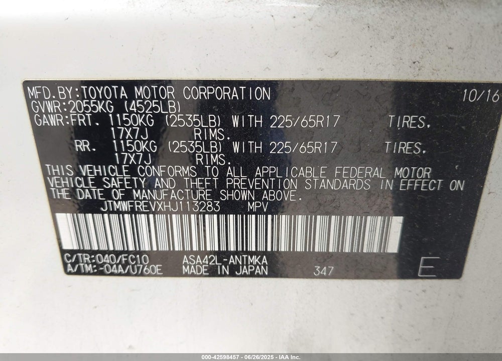 2017 TOYOTA RAV4 VIN: JTMWFREVXHJ113283