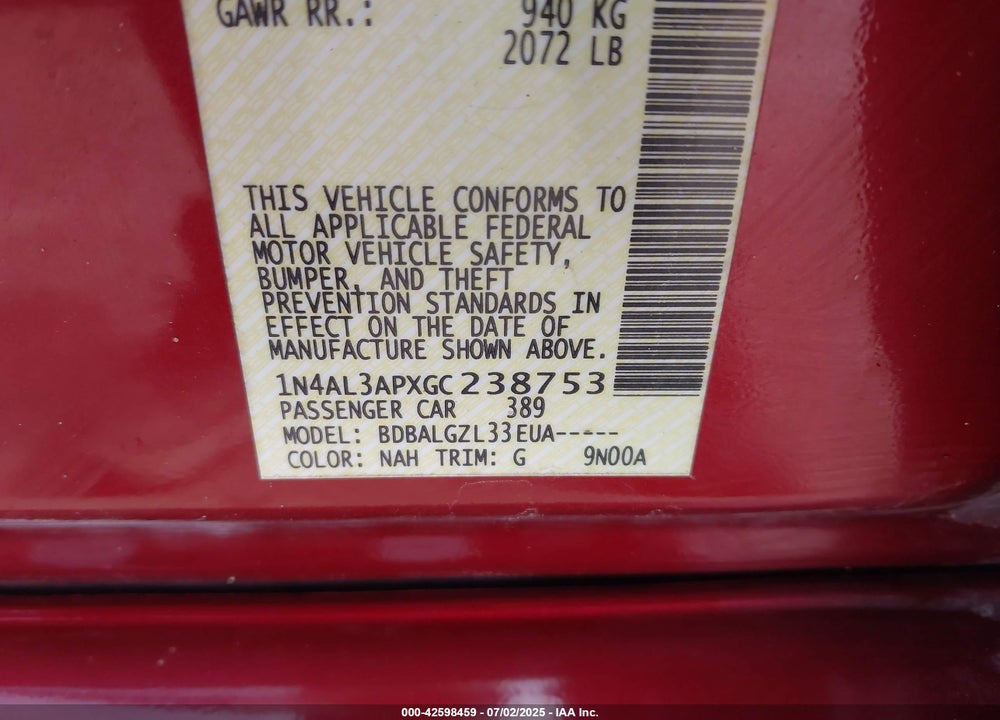 2016 NISSAN ALTIMA VIN: 1N4AL3APXGC238753