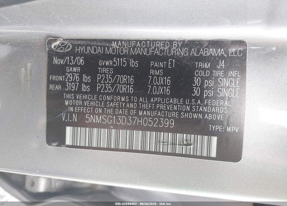 2007 HYUNDAI SANTA FE VIN: 5NMSG13D37H052399