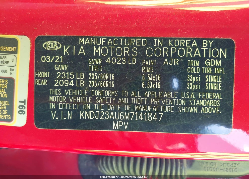 2021 KIA SOUL VIN: KNDJ23AU6M7141847