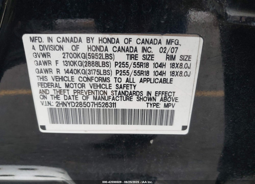 2007 ACURA MDX SPORT PACKAGE VIN: 2HNYD28507H526311