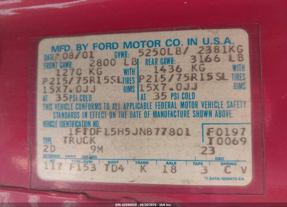 1988 FORD F150 VIN: 1FTDF15H5JNB77801
