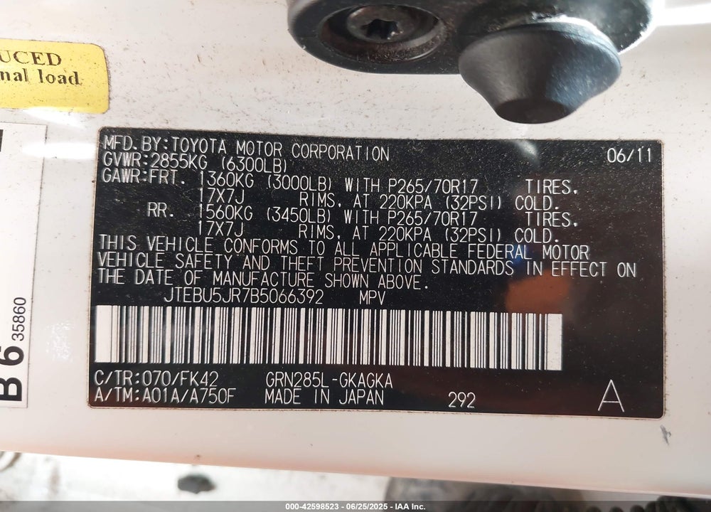 2011 TOYOTA 4RUNNER VIN: JTEBU5JR7B5066392