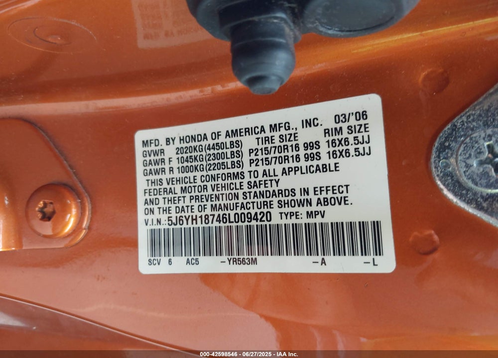 2006 HONDA ELEMENT VIN: 5J6YH18746L009420