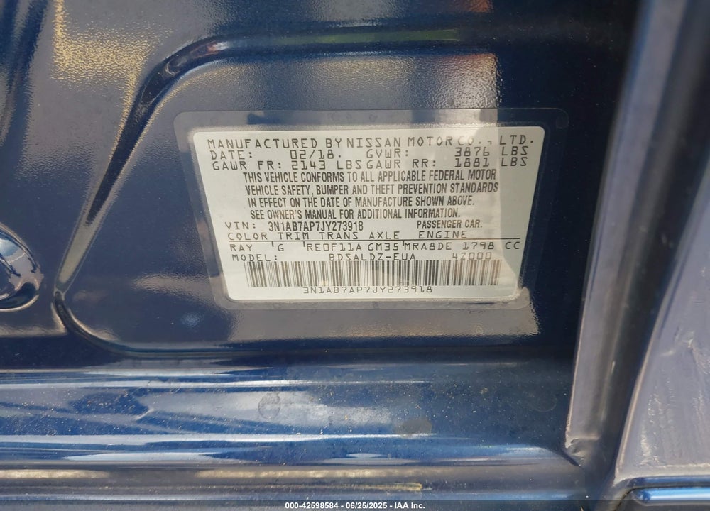 2018 NISSAN SENTRA VIN: 3N1AB7AP7JY273918