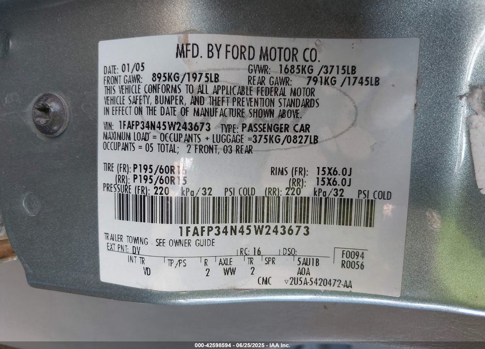2005 FORD FOCUS ZX4 VIN: 1FAFP34N45W243673