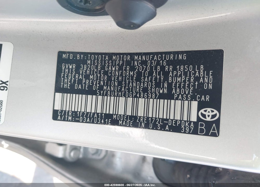 2016 TOYOTA COROLLA VIN: 5YFBURHE0GP486987