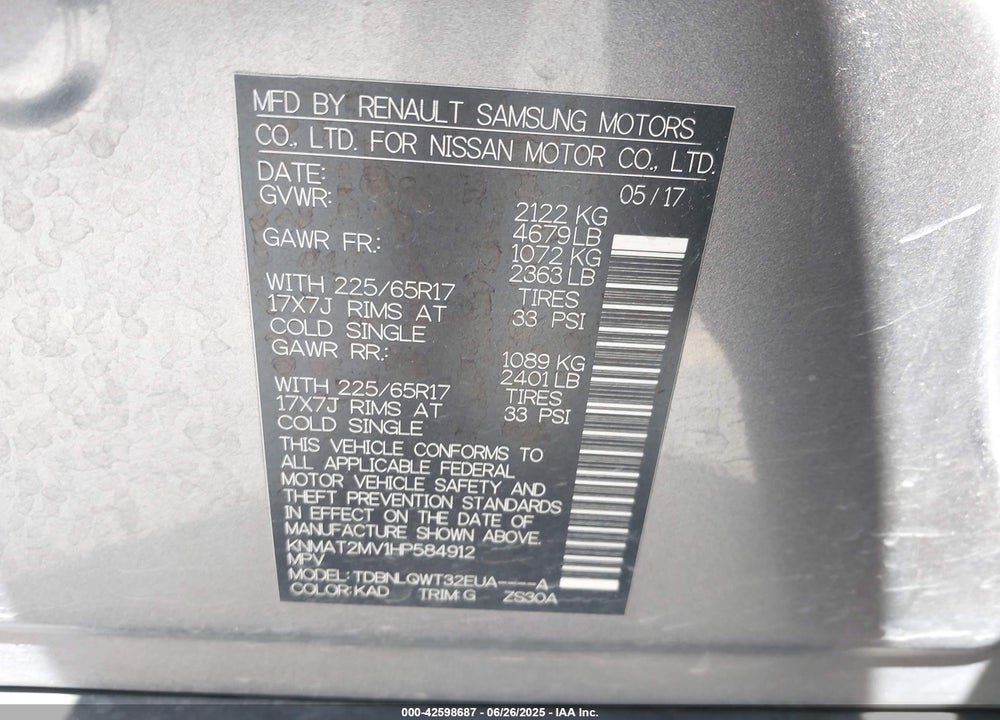 2017 NISSAN ROGUE VIN: KNMAT2MV1HP584912