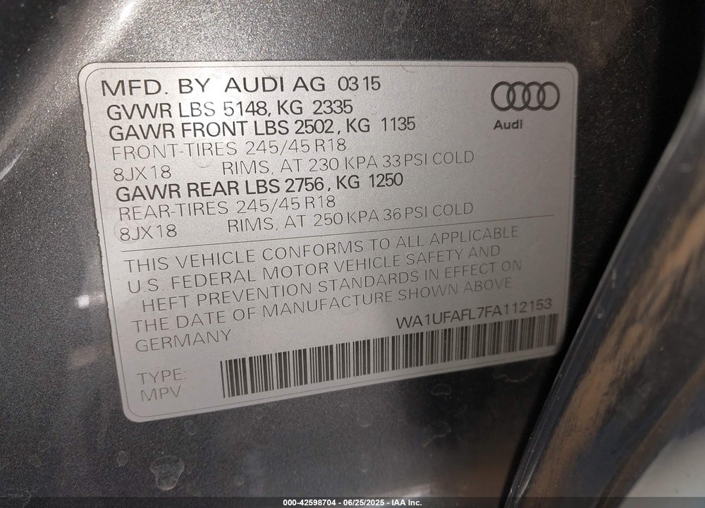 2015 AUDI ALLROAD VIN: WA1UFAFL7FA112153
