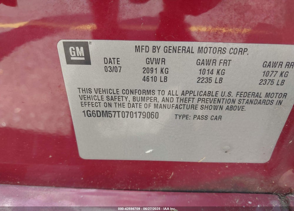 2007 CADILLAC CTS VIN: 1G6DM57T070179060