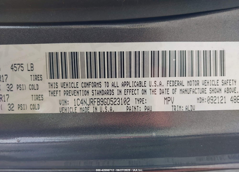 2016 JEEP PATRIOT VIN: 1C4NJRFB9GD523102