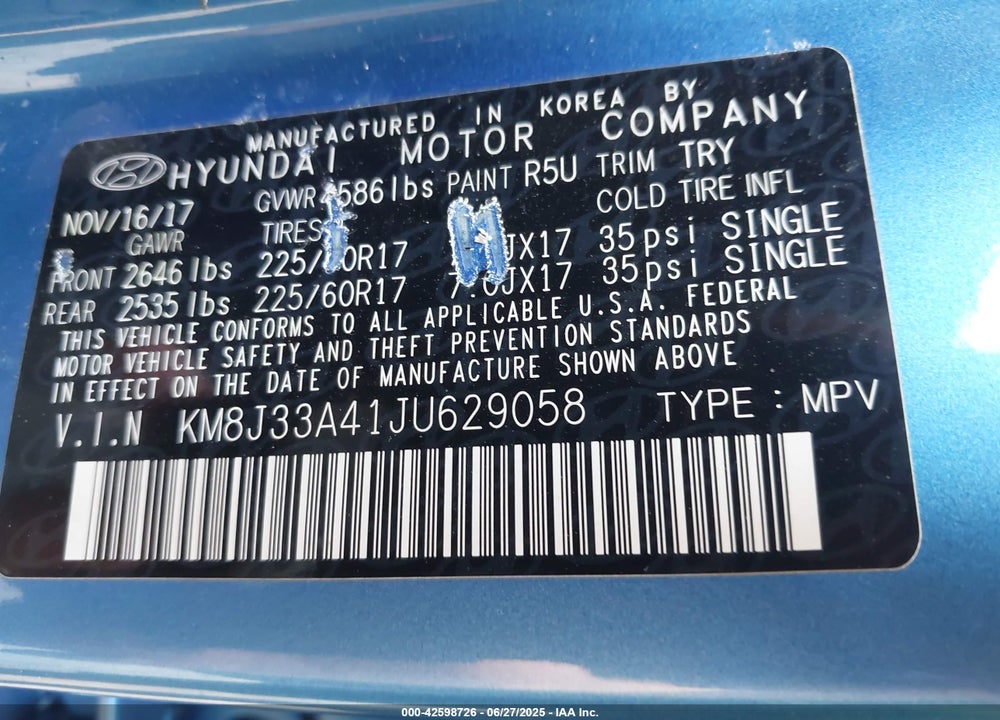 2018 HYUNDAI TUCSON VIN: KM8J33A41JU629058