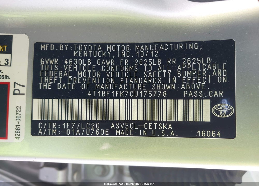 2012 TOYOTA CAMRY SE VIN: 4T1BF1FK7CU175778