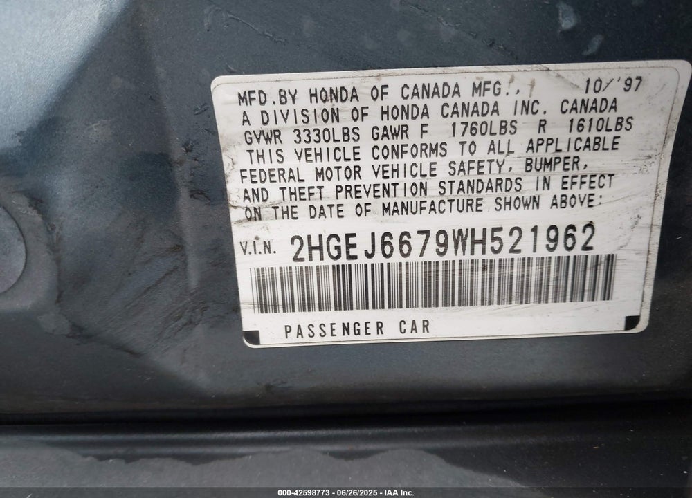 1998 HONDA CIVIC LX VIN: 2HGEJ6679WH521962