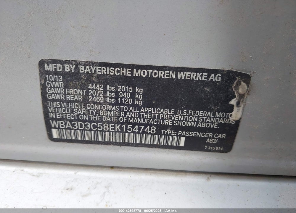 2014 BMW 328D VIN: WBA3D3C58EK154748