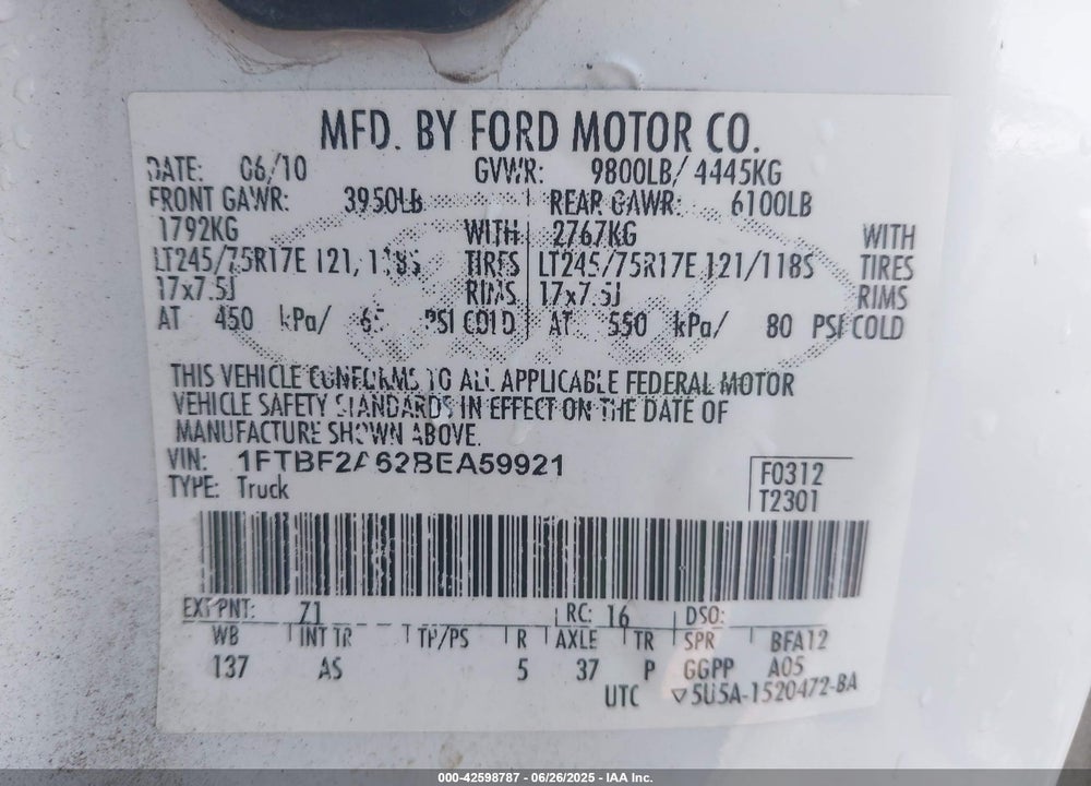 2011 FORD F-250 VIN: 1FTBF2A62BEA59921