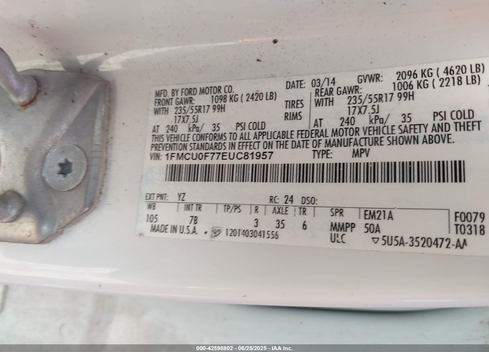 2014 FORD ESCAPE S VIN: 1FMCU0F77EUC81957