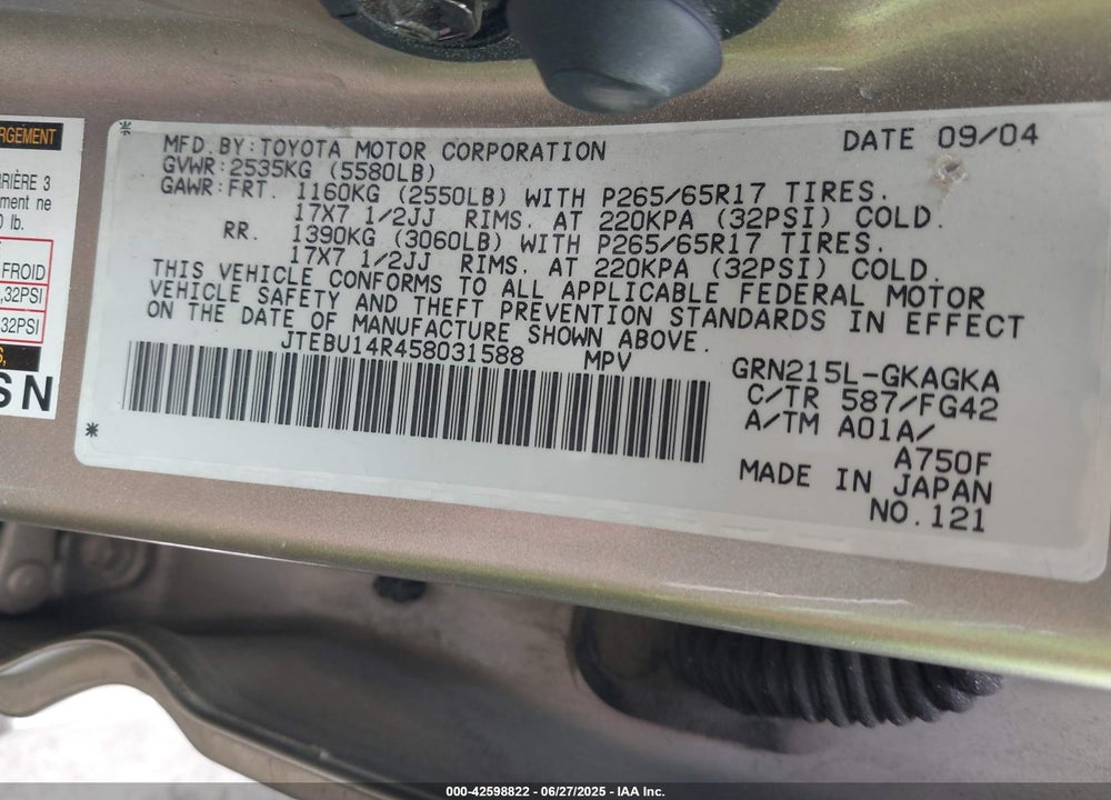 2005 TOYOTA 4RUNNER SR5 V6 VIN: JTEBU14R458031588