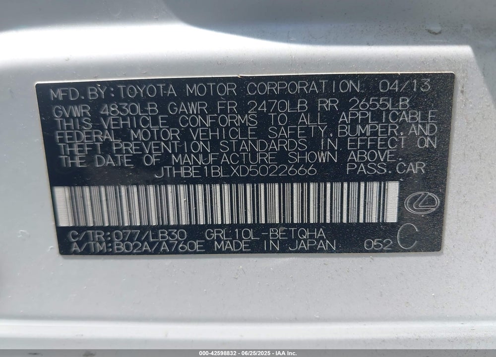 2013 LEXUS GS 350 VIN: JTHBE1BLXD5022666