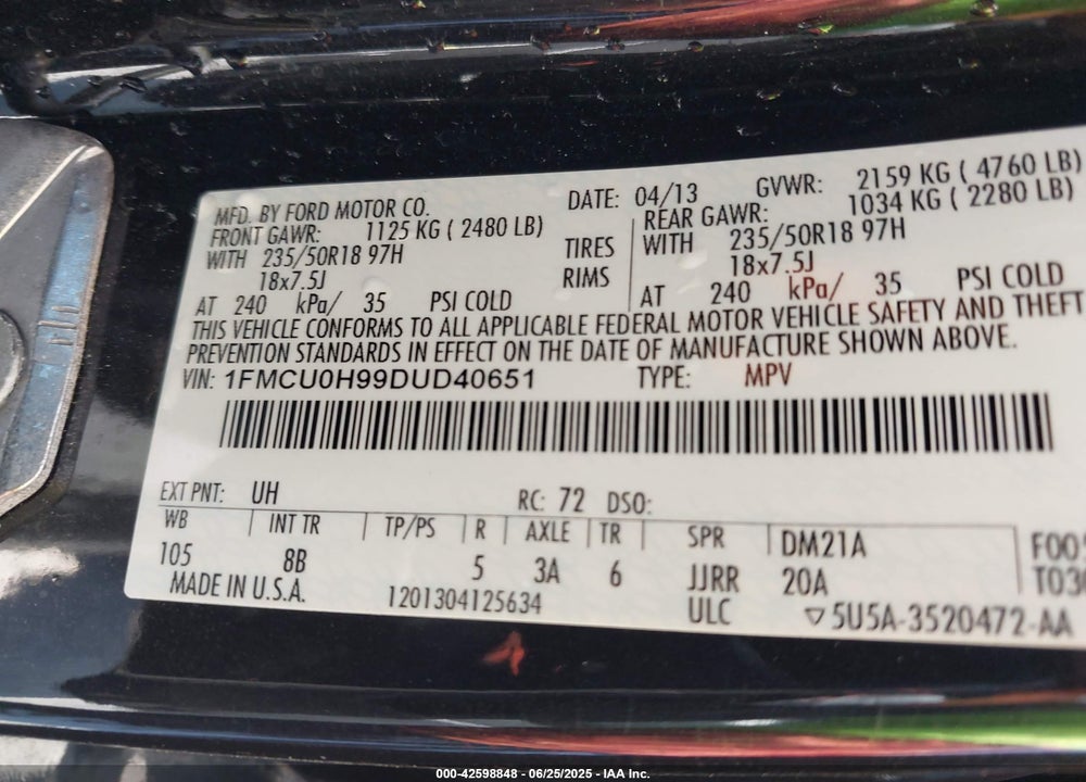 2013 FORD ESCAPE VIN: 1FMCU0H99DUD40651