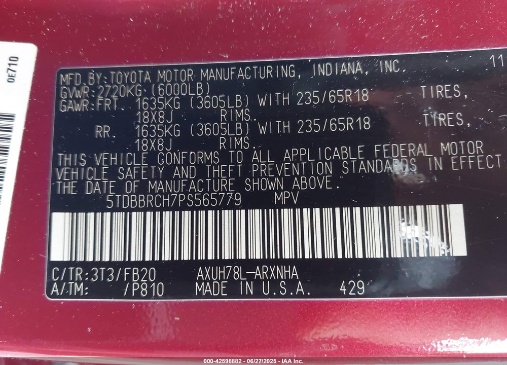 2023 TOYOTA HIGHLANDER VIN: 5TDBBRCH7PS565779