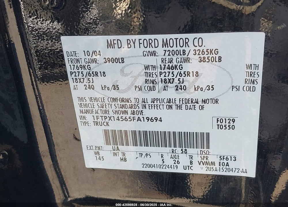 2005 FORD F-150 FX4/LARIAT/XL/XLT VIN: 1FTPX14565FA19694