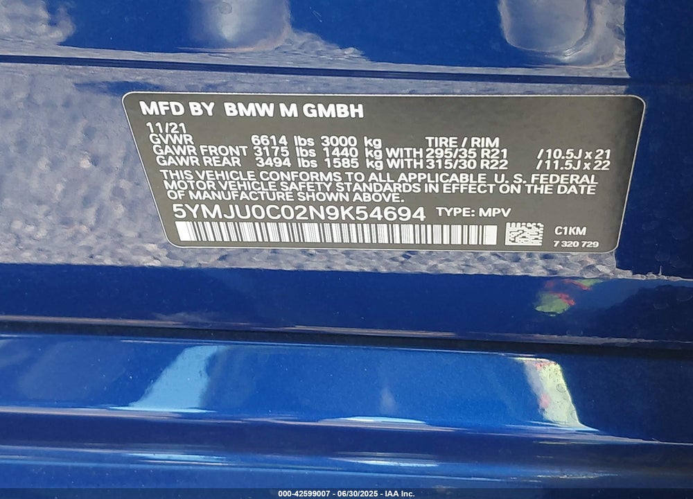 2022 BMW X5 M VIN: 5YMJU0C02N9K54694