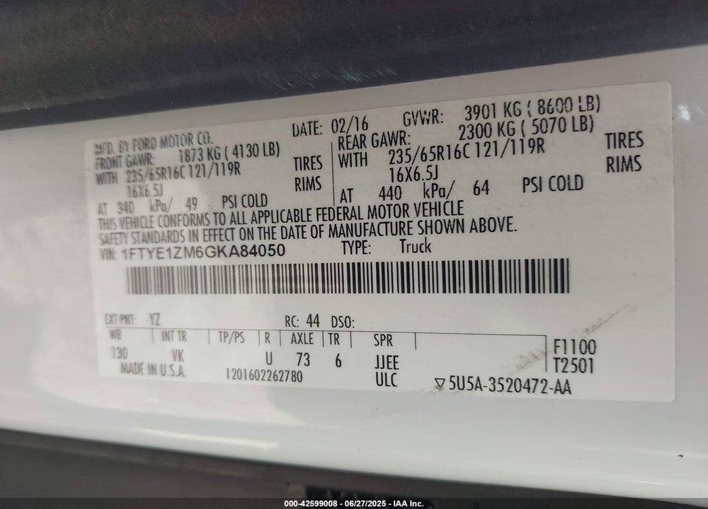 2016 FORD TRANSIT-150 VIN: 1FTYE1ZM6GKA84050
