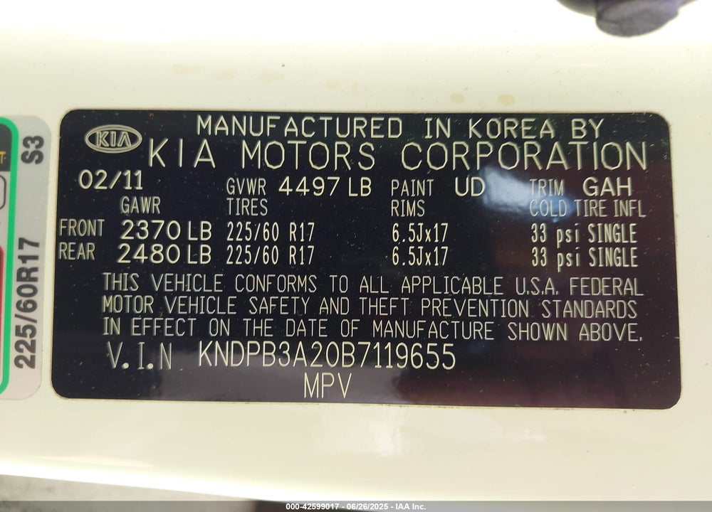 2011 KIA SPORTAGE VIN: KNDPB3A20B7119655