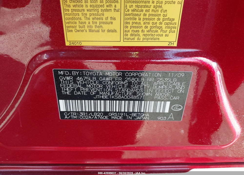 2010 LEXUS GS350 VIN: JTHBE1KS8A0048571