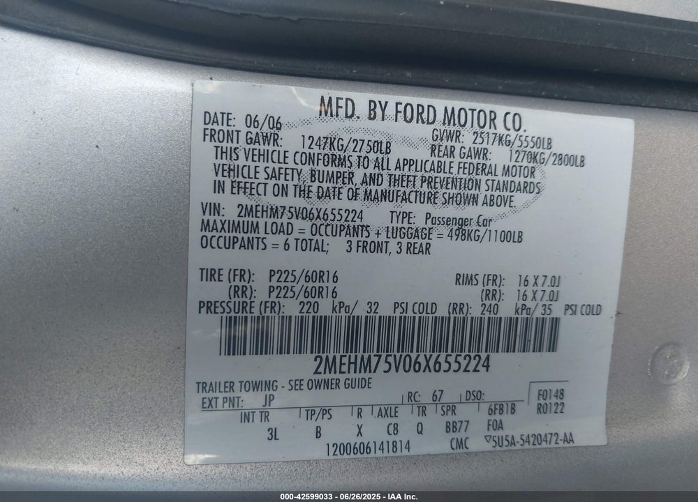 2006 MERCURY GRAND MARQUIS LS VIN: 2MEHM75V06X655224