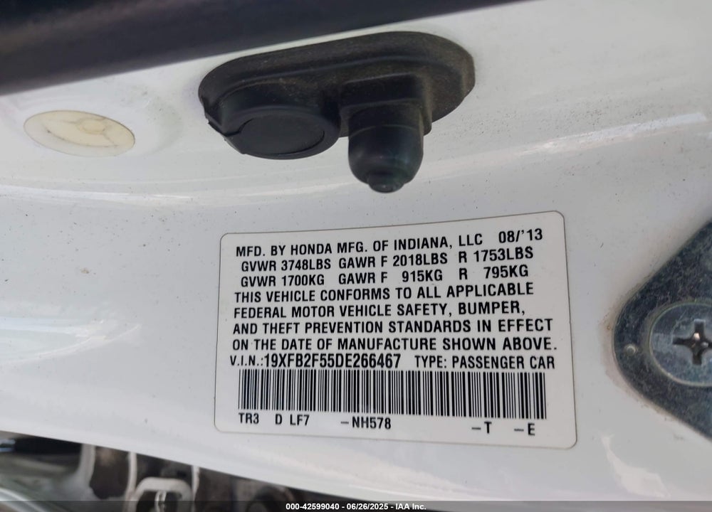 2013 HONDA CIVIC LX VIN: 19XFB2F55DE266467