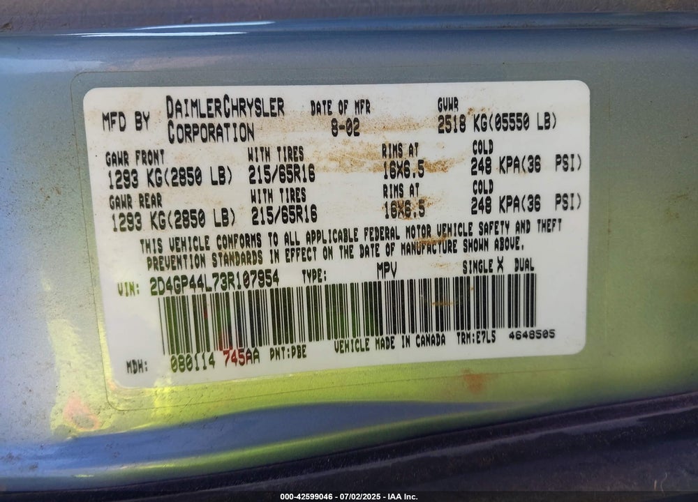 2003 DODGE GRAND CARAVAN SPORT VIN: 2D4GP44L73R107954