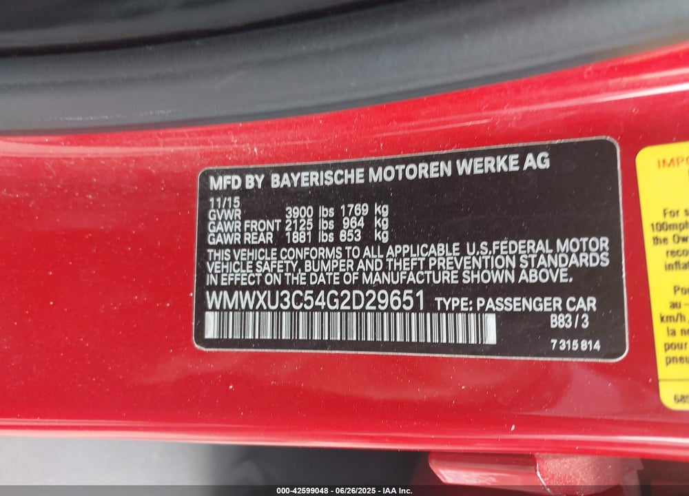 2016 MINI HARDTOP COOPER S VIN: WMWXU3C54G2D29651