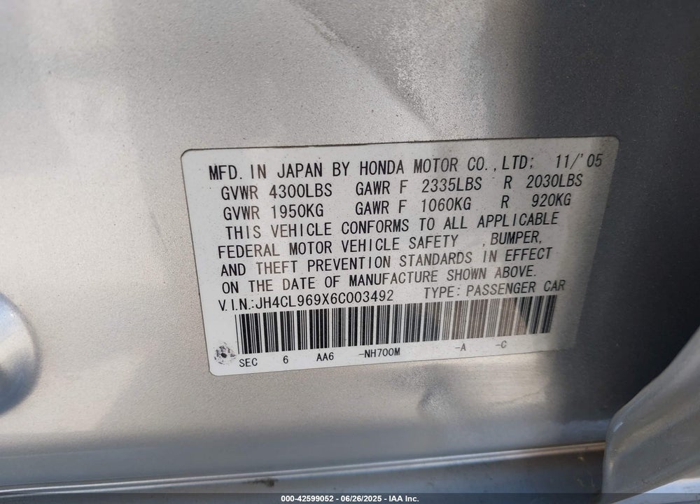 2006 ACURA TSX VIN: JH4CL969X6C003492