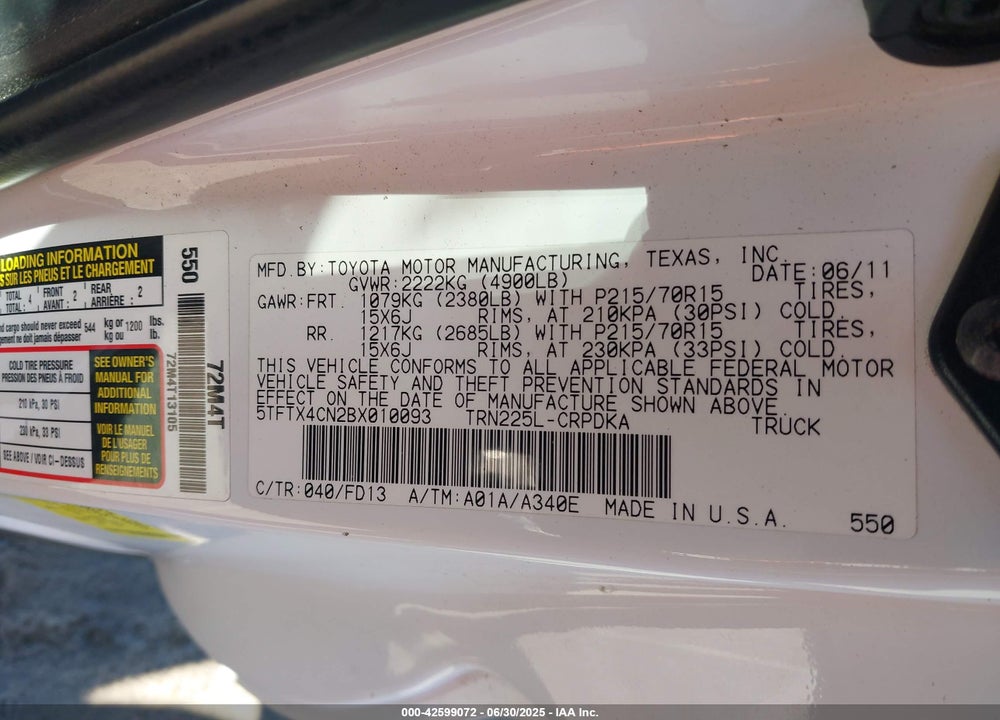 2011 TOYOTA TACOMA VIN: 5TFTX4CN2BX010093