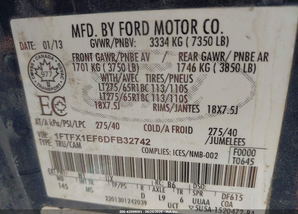 2013 FORD F-150 VIN: 1FTFX1EF6DFB32742