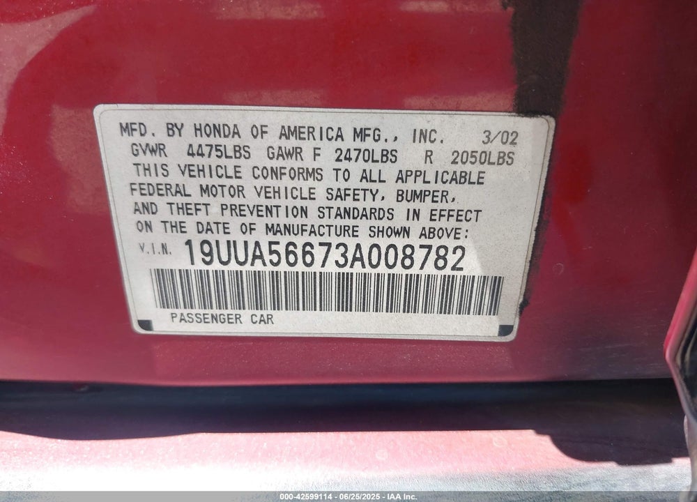 2003 ACURA TL 3.2 VIN: 19UUA56673A008782