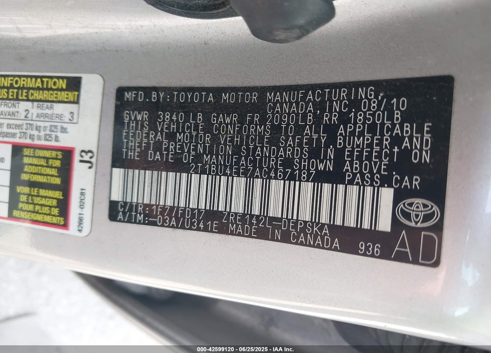 2010 TOYOTA COROLLA VIN: 2T1BU4EE7AC467187