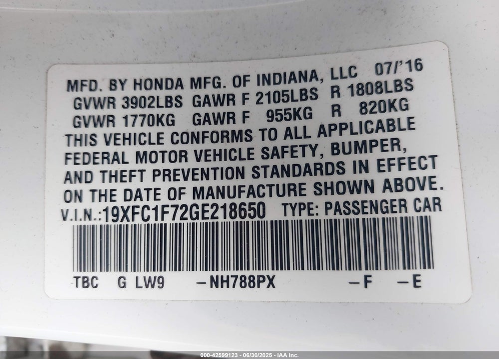 2016 HONDA CIVIC VIN: 19XFC1F72GE218650