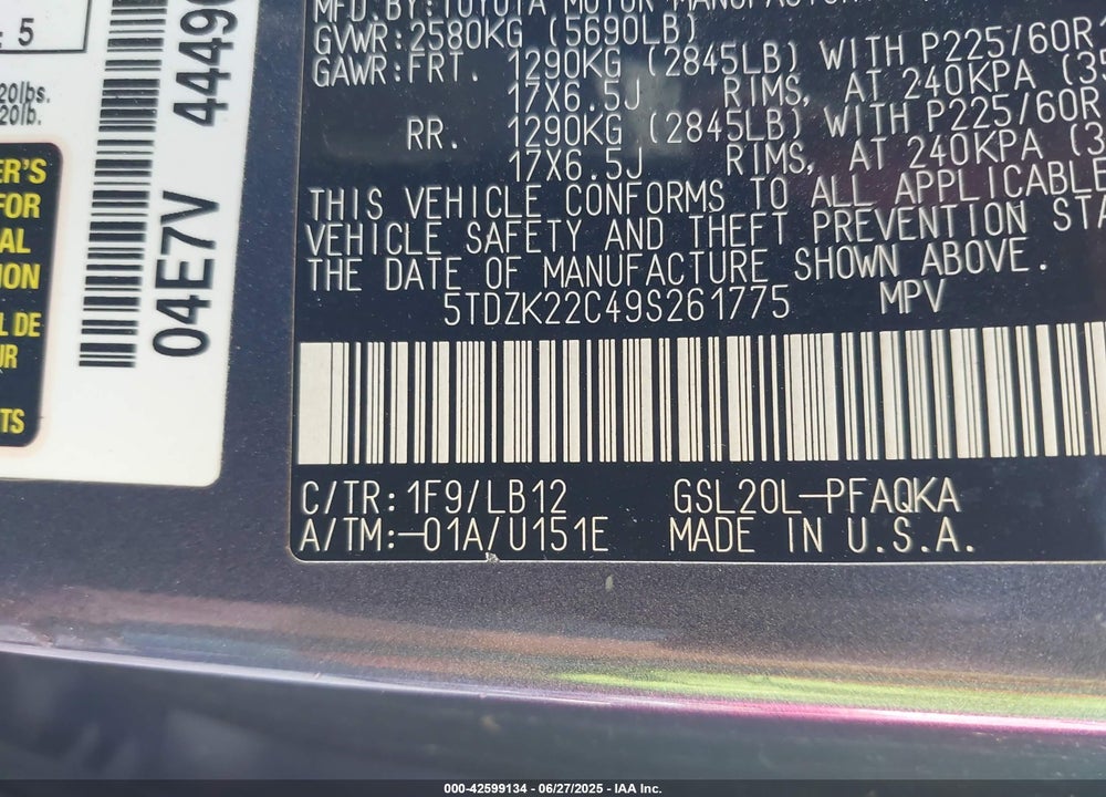2009 TOYOTA SIENNA VIN: 5TDZK22C49S261775