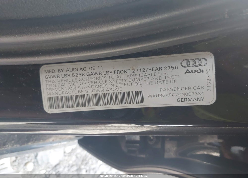 2012 AUDI A6 VIN: WAUBGAFC7CN007334