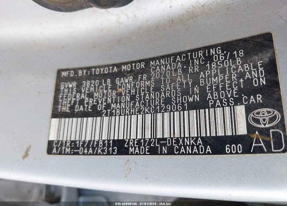 2019 TOYOTA COROLLA VIN: 2T1BURHE2KC129061