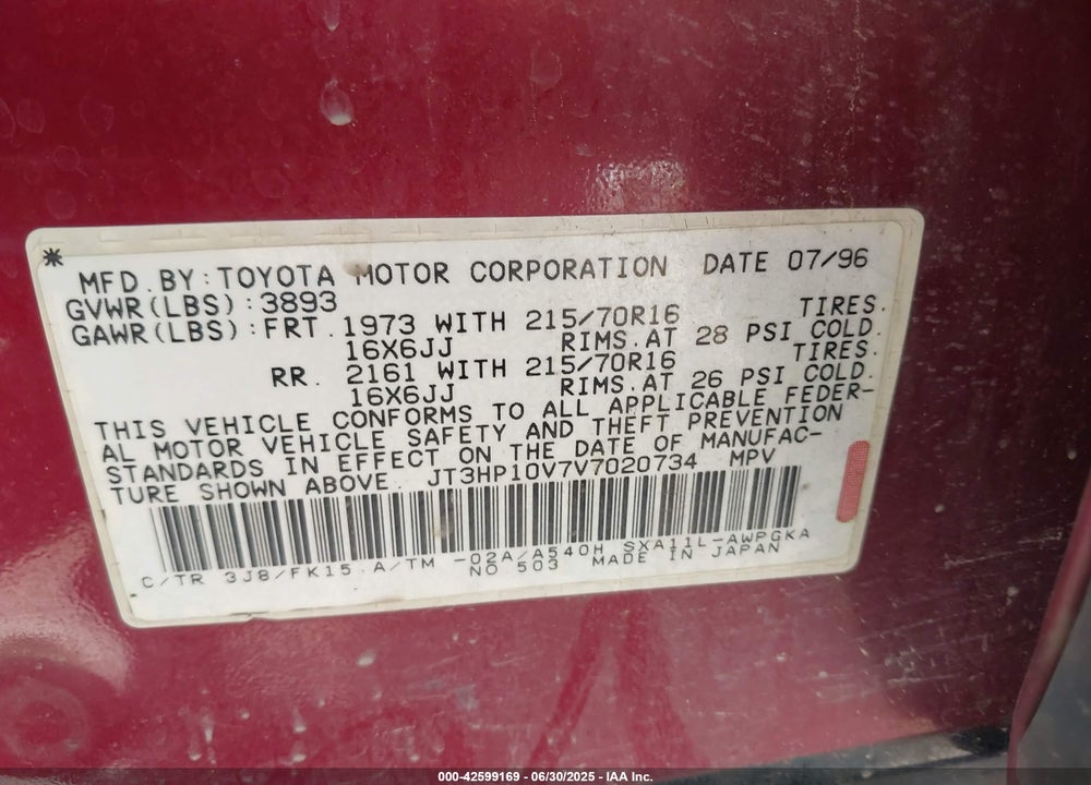 1997 TOYOTA RAV4 VIN: JT3HP10V7V7020734