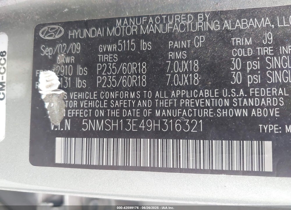 2009 HYUNDAI SANTA FE VIN: 5NMSH13E49H316321