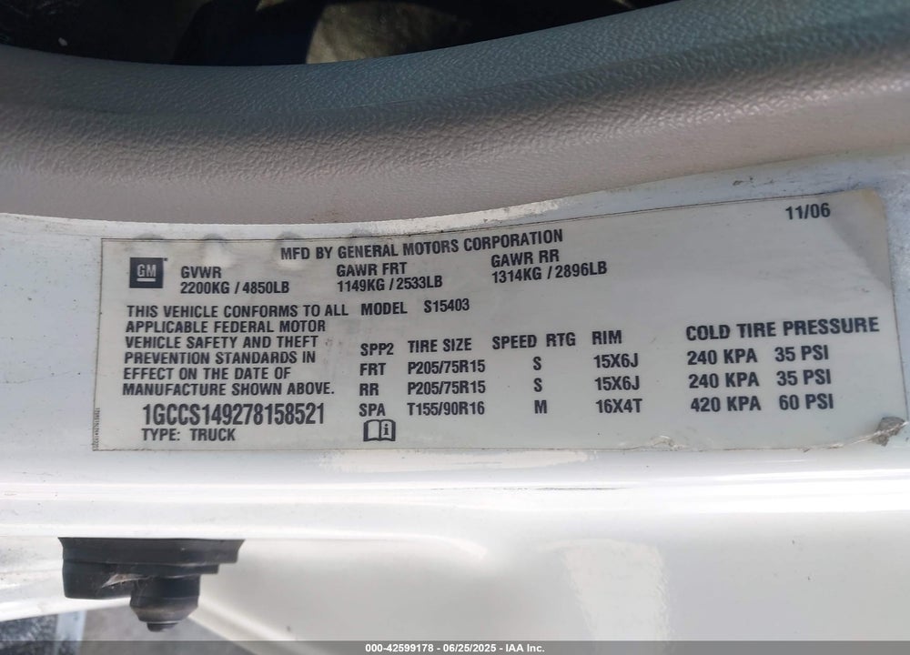 2007 CHEVROLET COLORADO VIN: 1GCCS149278158521