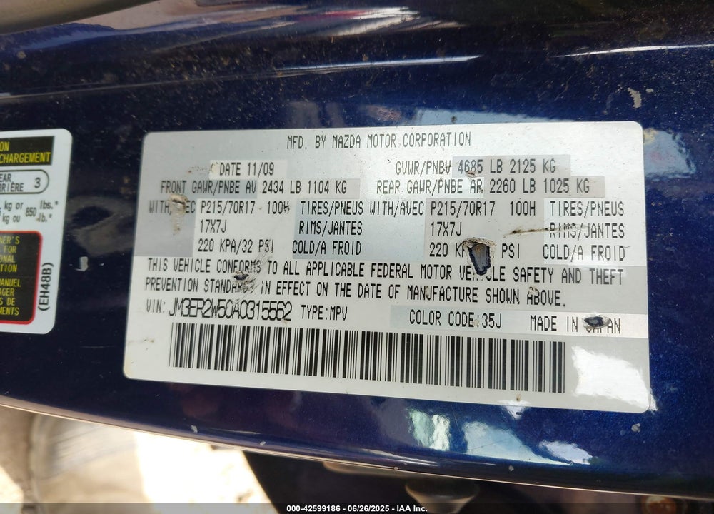 2010 MAZDA CX-7 VIN: JM3ER2W50A0315562