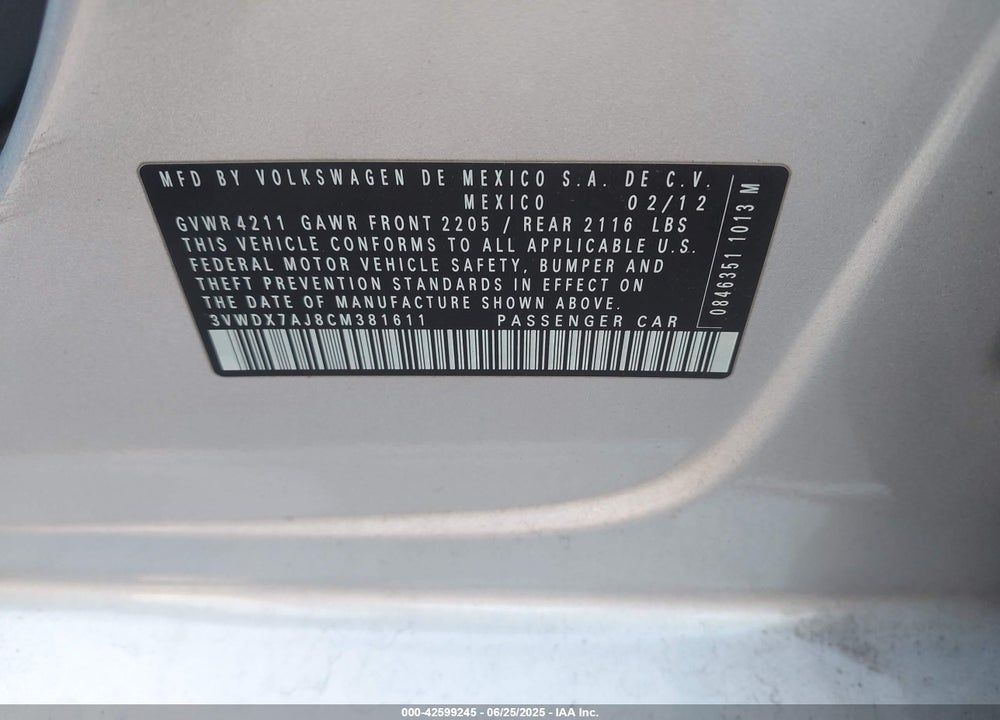 2012 VOLKSWAGEN JETTA VIN: 3VWDX7AJ8CM381611